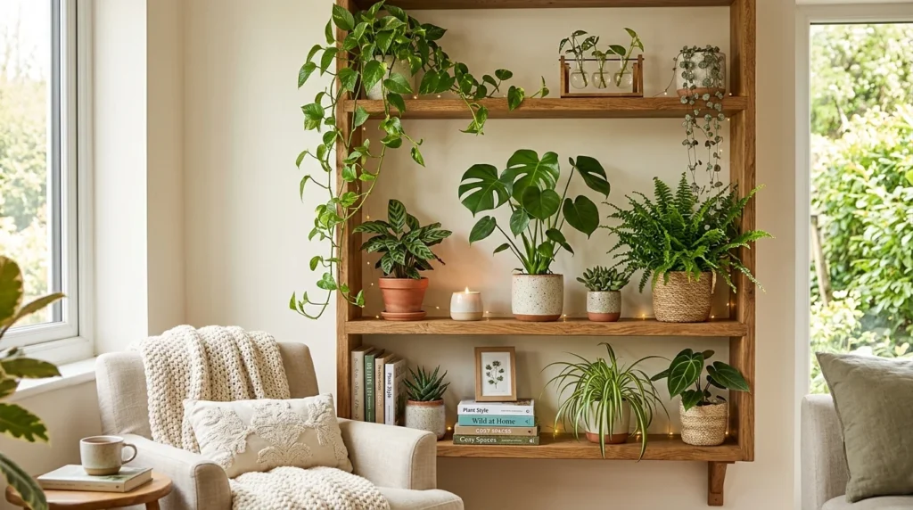 fresh greenery shelf decor indoor plants spring home aesthetic