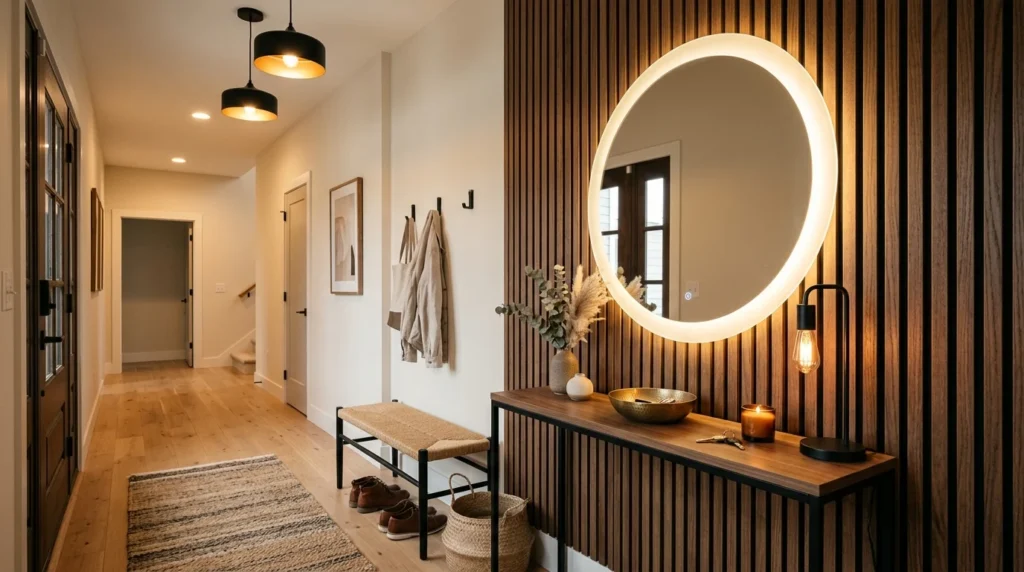 Modern hallway entryway with LED mirror and wood slat wall decor