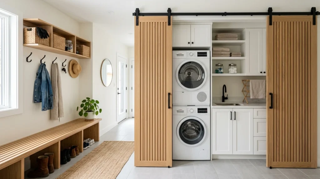 hidden mudroom laundry combo sliding doors concealed washer dryer modern