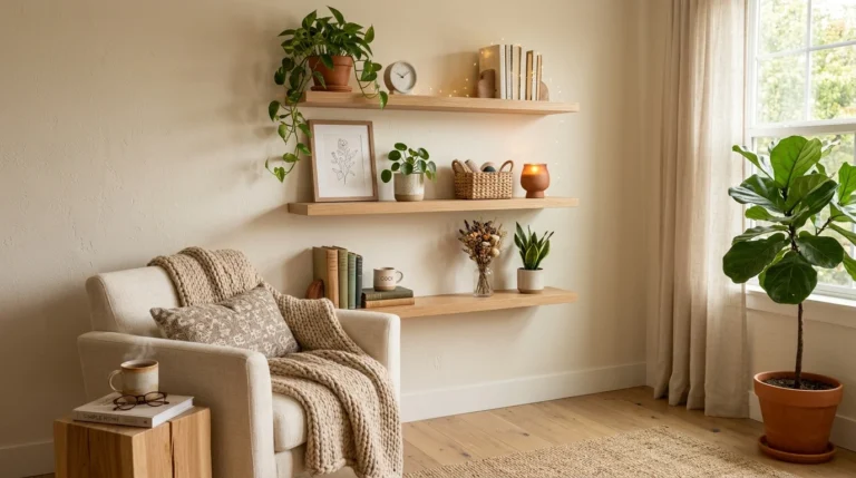 Aesthetic DIY home decor with cozy lighting, shelves, plants, and neutral modern interior styling