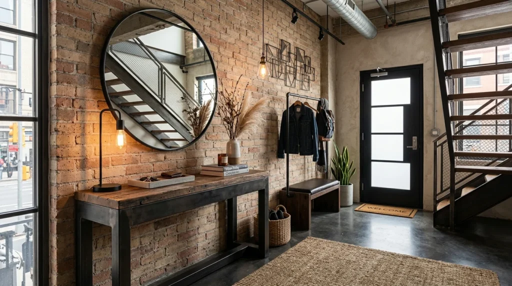Industrial modern entryway with metal accents and wood textures