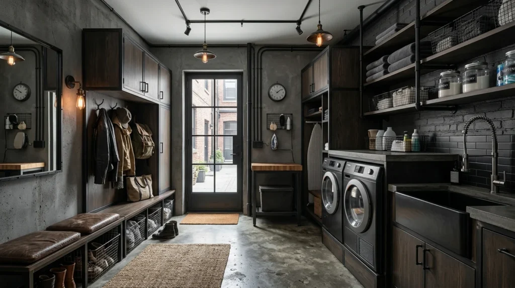 industrial mudroom laundry combo metal accents dark tones modern design