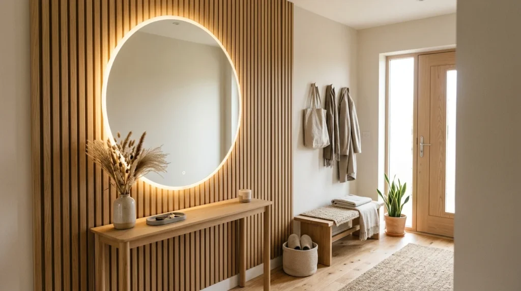 Japandi-style entryway with LED mirror, natural wood slats, and neutral decor