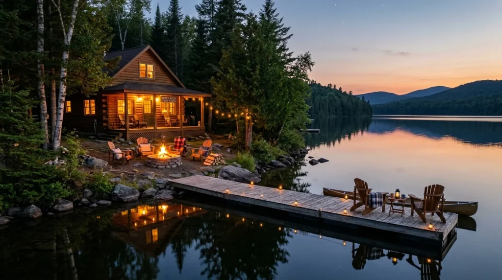 Lakeside cabin retreat with wooden dock, calm water views, and cozy outdoor seating