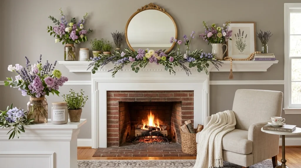 lavender spring mantel decor purple flowers elegant cozy fireplace styling