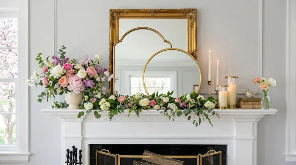 layered mirror spring mantel decor candles flowers bright elegant aesthetic