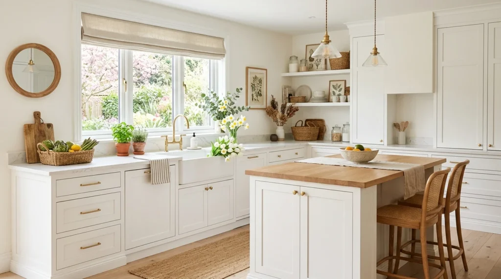 light airy spring kitchen decor white cabinets natural textures aesthetic