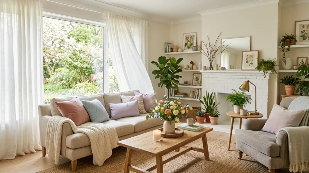 light neutral spring living room airy pastel cozy aesthetic