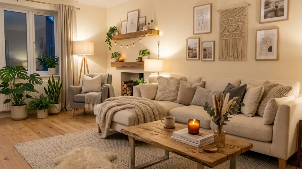 DIY cozy living room setup warm lighting neutral aesthetic decor