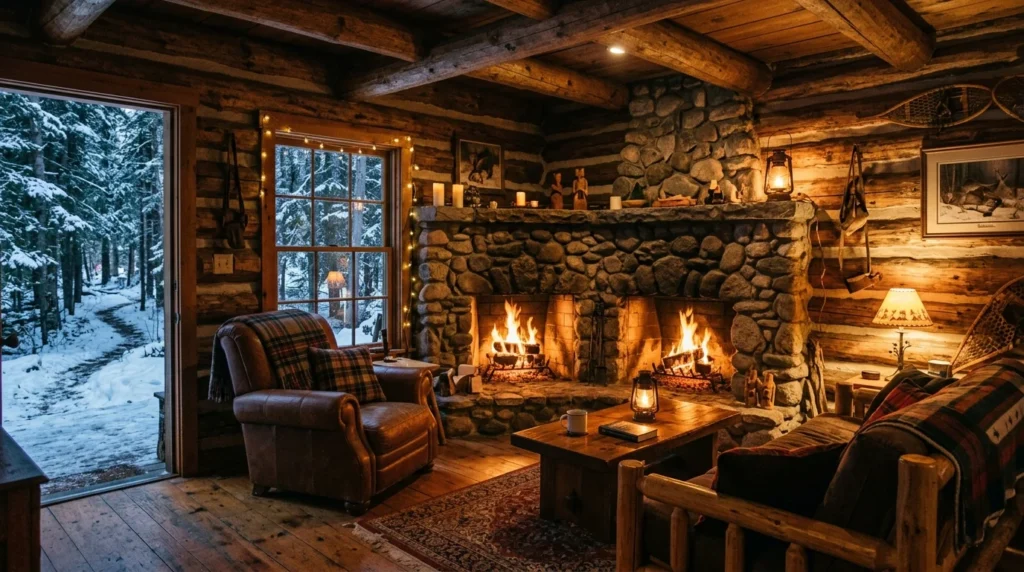 Rustic log cabin with wooden interiors, stone fireplace, and forest surroundings