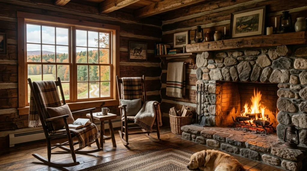 Rustic log cabin with stone fireplace and cozy countryside atmosphere