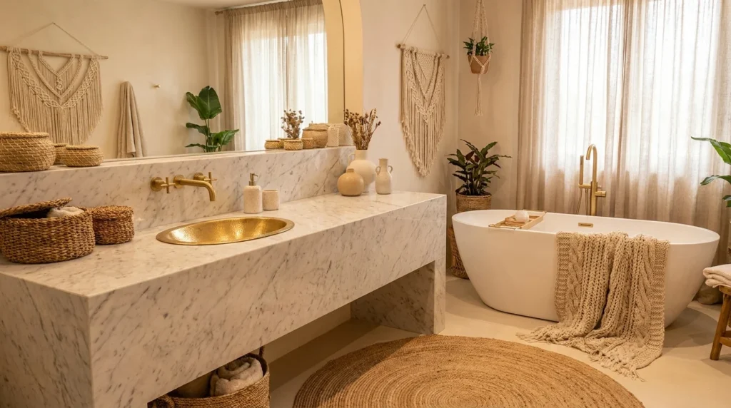 Luxury boho bathroom with marble vanity, gold fixtures, and elegant decor