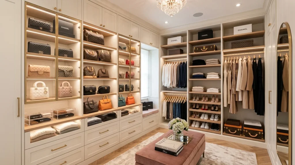 Luxury boutique-style closet with elegant shelving and organized accessories
