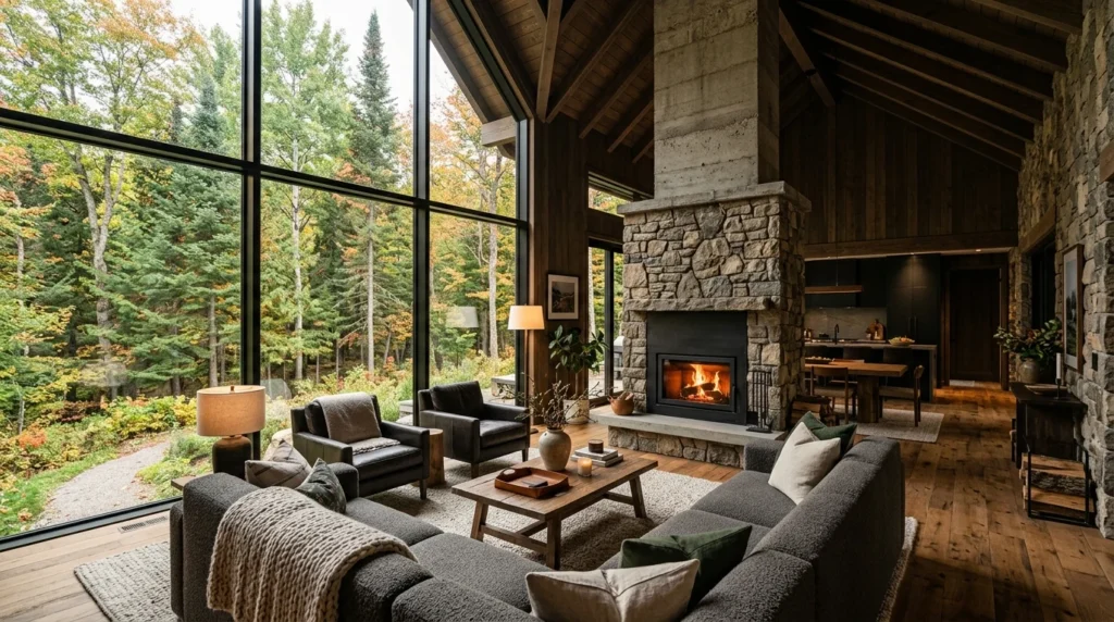 Modern luxury cabin with large glass windows and forest views