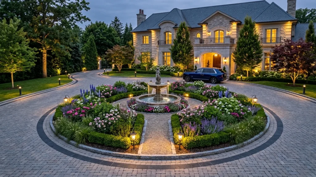 Luxury circular driveway with landscaped center island and elegant greenery