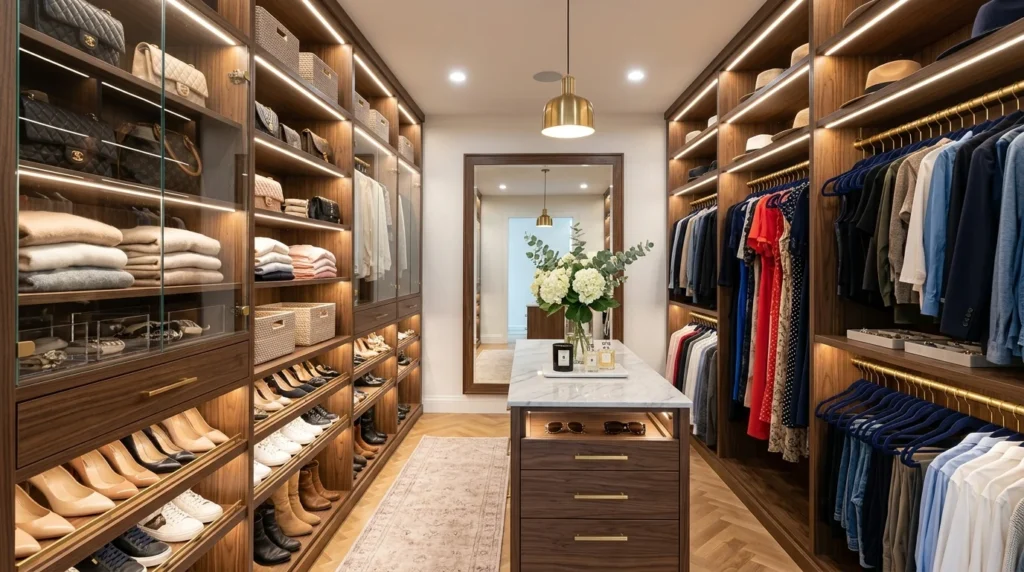 Modern closet with LED lighting and luxury organization setup