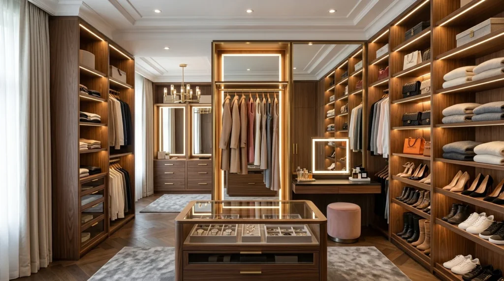 Luxury walk-in dressing room with elegant shelving and organized wardrobe design