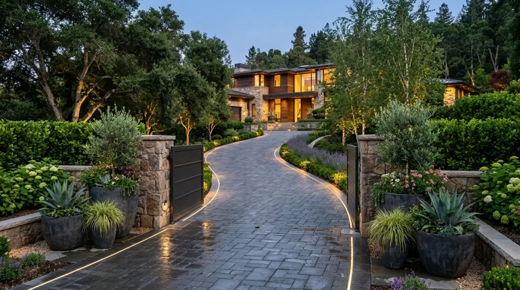 Luxury driveway entrance with statement planters and elegant landscaping