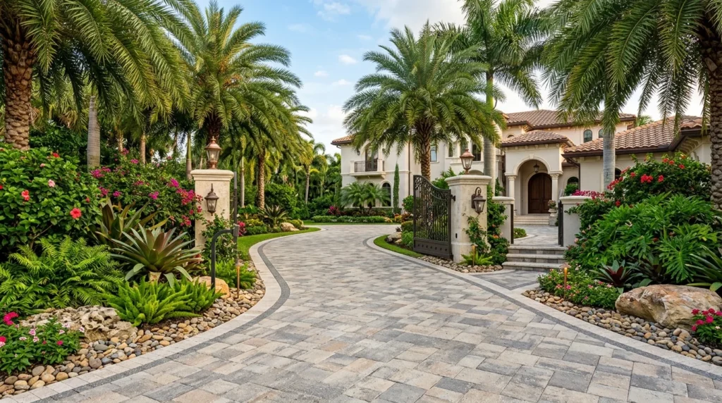 Luxury driveway landscaping with palm trees and tropical greenery