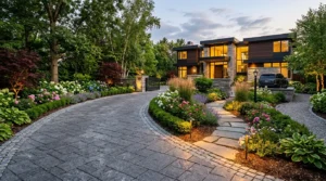 Beautiful modern driveway landscaping with greenery, flowers, and elegant outdoor lighting