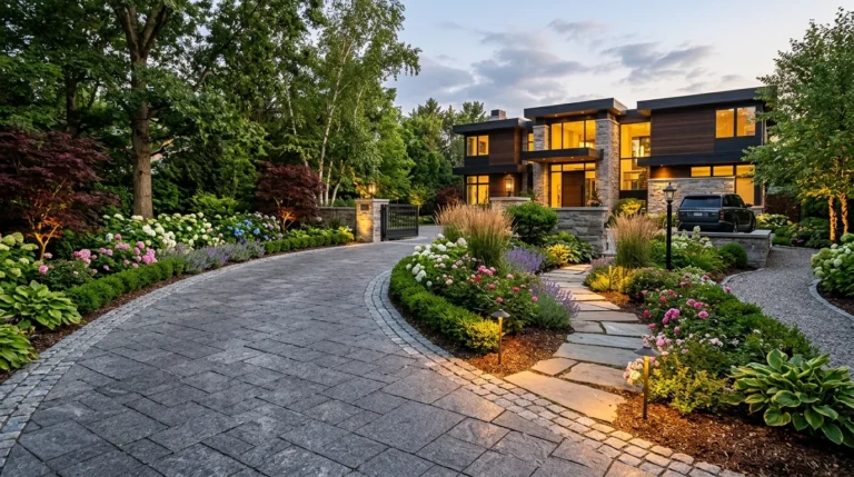 Beautiful modern driveway landscaping with greenery, flowers, and elegant outdoor lighting