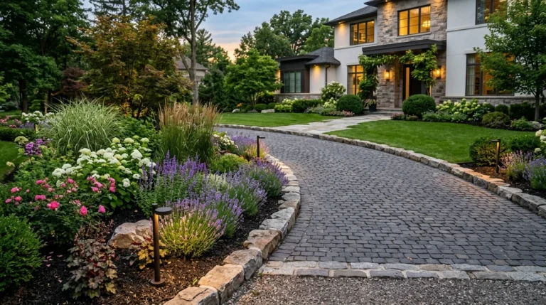 Beautiful driveway side landscaping with flowers, greenery, and elegant modern curb appeal