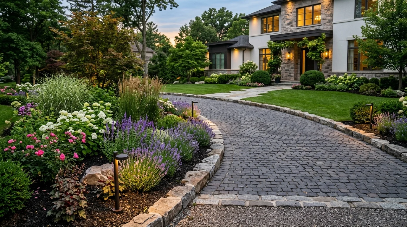 Beautiful driveway side landscaping with flowers, greenery, and elegant modern curb appeal
