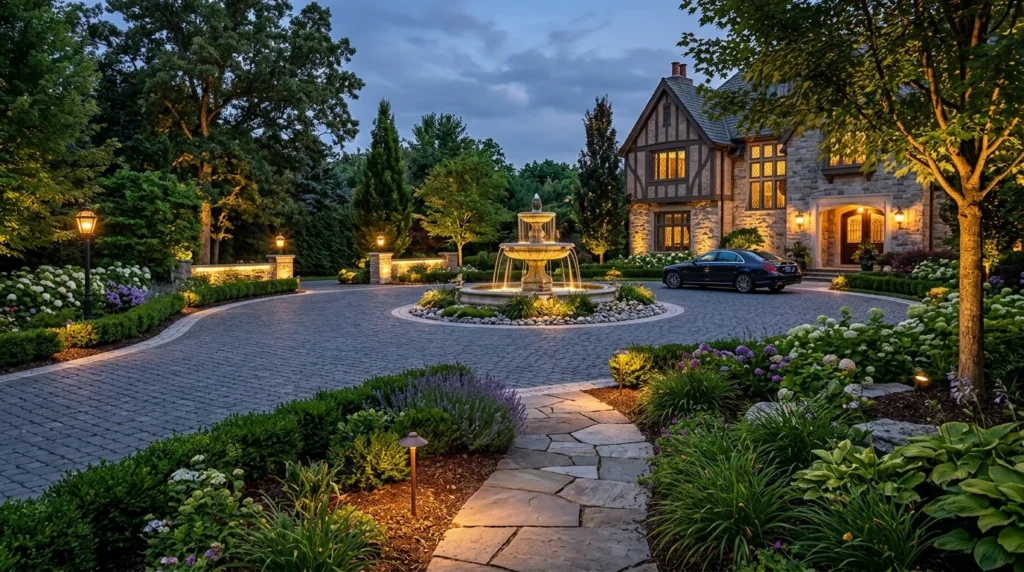 Luxury driveway landscaping with fountain and elegant greenery
