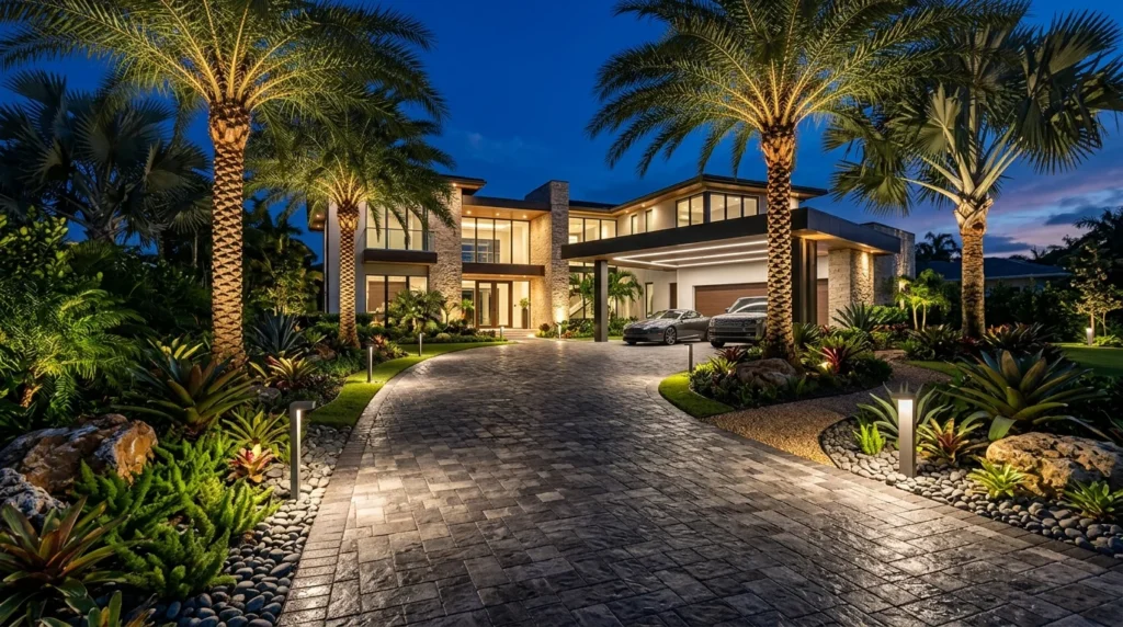 Luxury driveway with palm trees, tropical plants, and modern landscaping