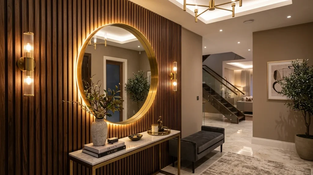 Luxury entryway with gold LED mirror and elegant wood slat wall