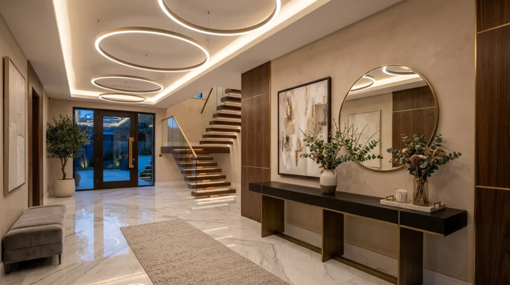 Luxury entryway with floating circular LED ceiling and warm ambient lighting