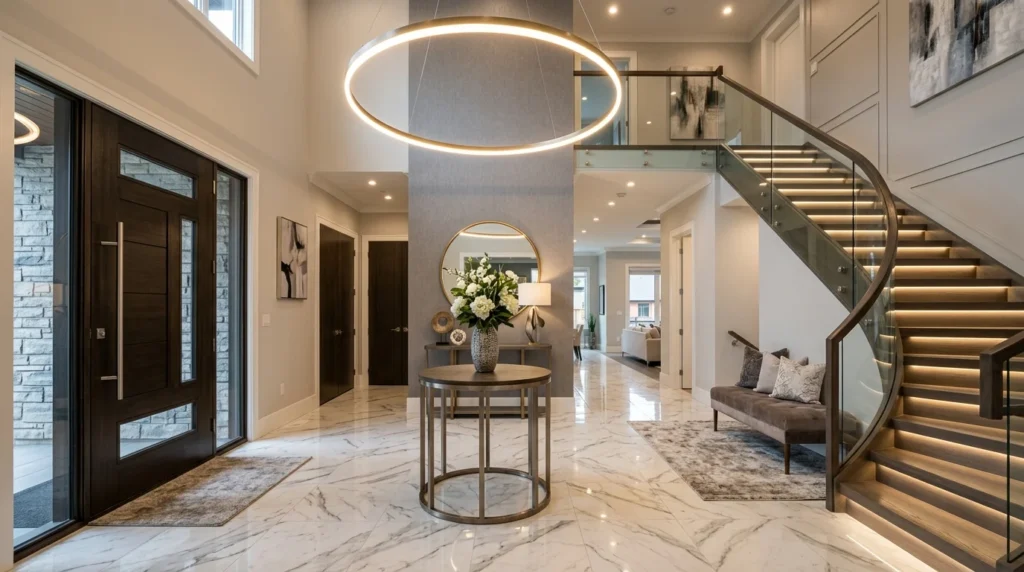 Luxury hotel-style entryway with circular LED lighting and marble flooring