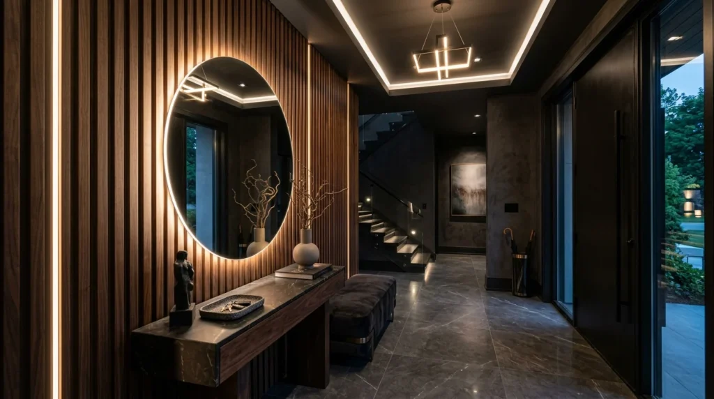 Dark luxury entryway with walnut wood slats and warm LED mirror lighting