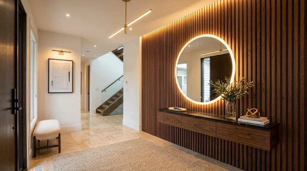 Luxury entryway featuring vertical wood slat wall and LED mirror