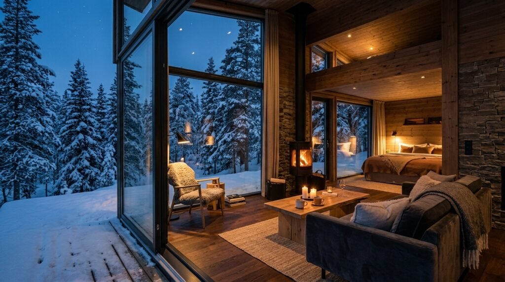 Luxury glass cabin with panoramic forest views and modern cozy interior