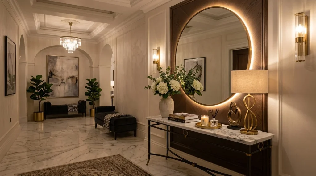 Luxury hotel inspired entryway with circular LED mirror and elegant decor