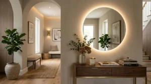Modern entryway with circular LED mirrors, warm lighting, and luxury hallway decor