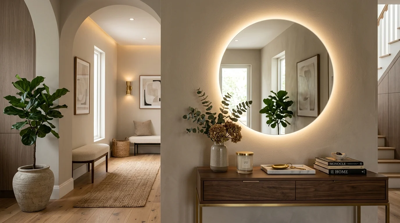Modern entryway with circular LED mirrors, warm lighting, and luxury hallway decor
