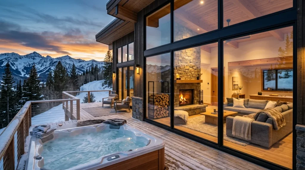 Luxury modern cabin with large glass windows and cozy minimalist interior