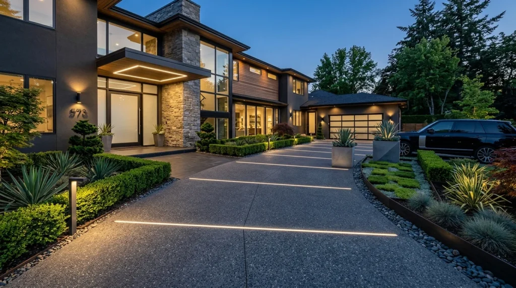 Luxury modern driveway landscaping with geometric greenery and sleek lighting