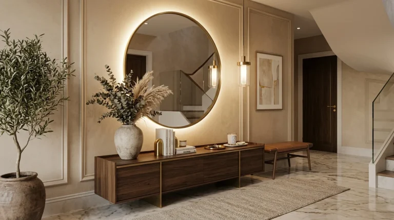Modern entryway with circular LED mirror, elegant console table, and warm ambient lighting