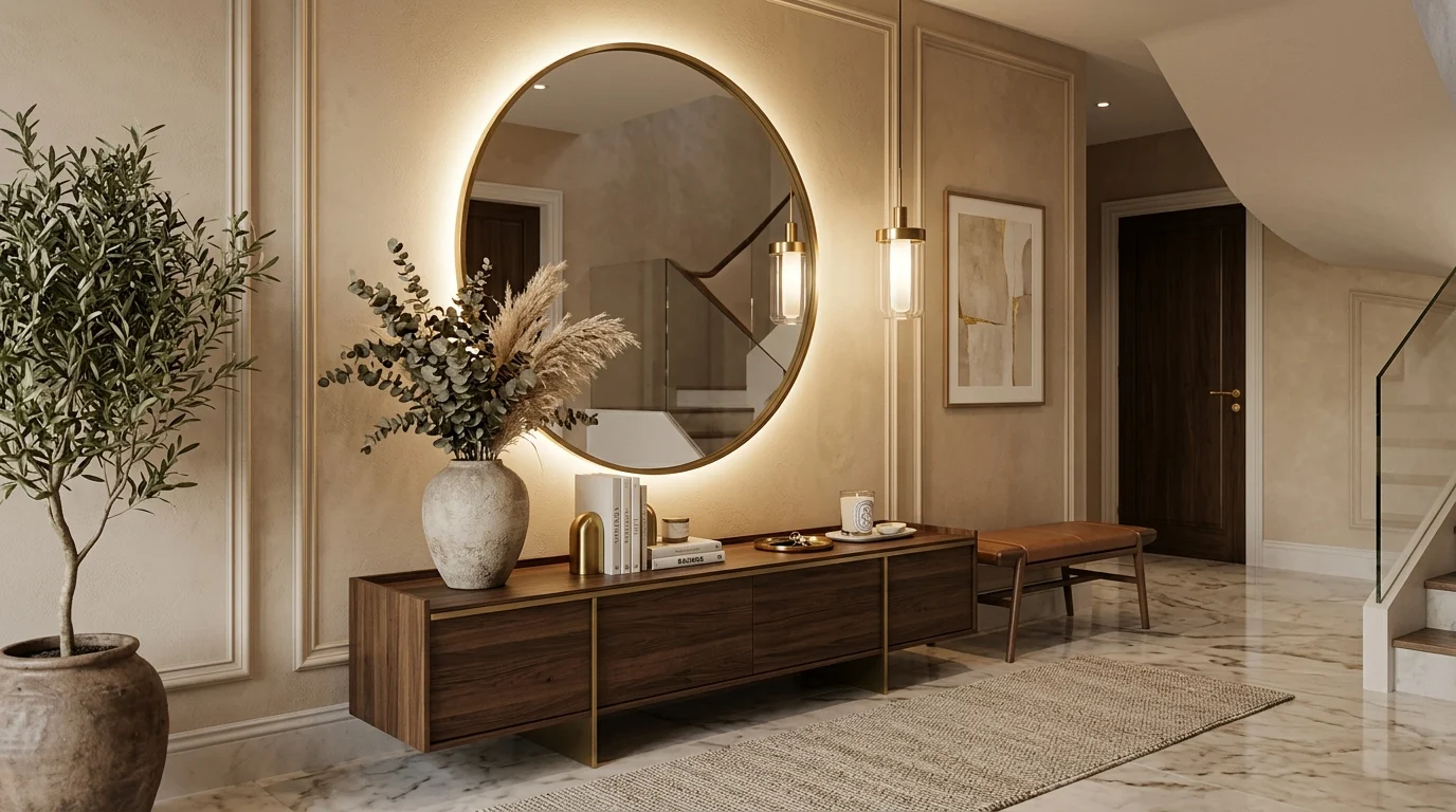 Modern entryway with circular LED mirror, elegant console table, and warm ambient lighting