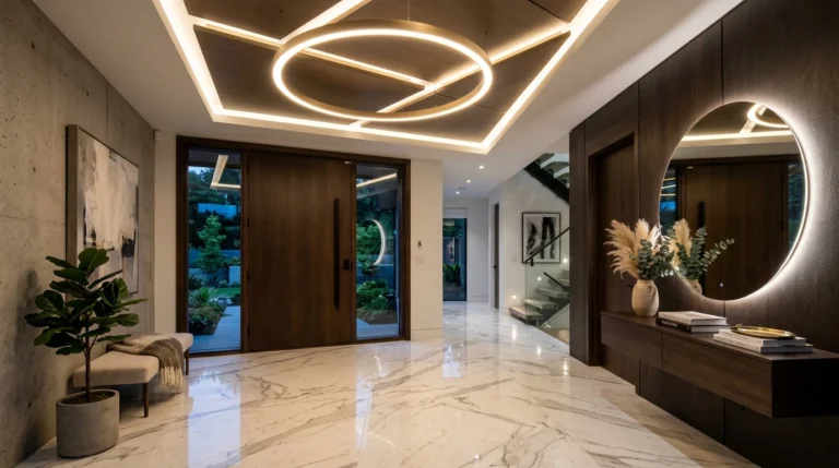 Modern circular LED entryway with luxury lighting and elegant contemporary interior design