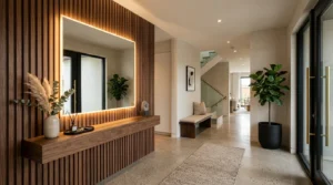 Modern entryway with LED mirror and wood slat wall design featuring warm lighting and minimalist decor