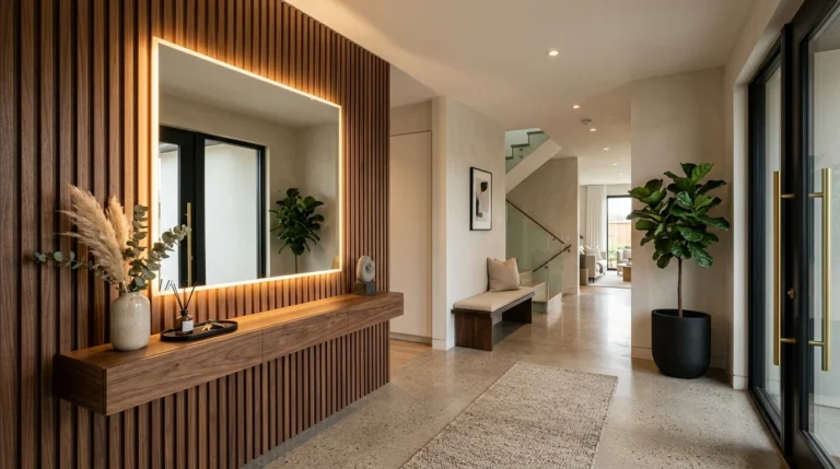 Modern entryway with LED mirror and wood slat wall design featuring warm lighting and minimalist decor
