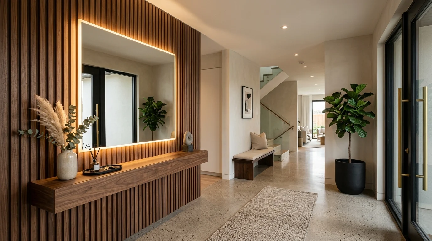 Modern entryway with LED mirror and wood slat wall design featuring warm lighting and minimalist decor