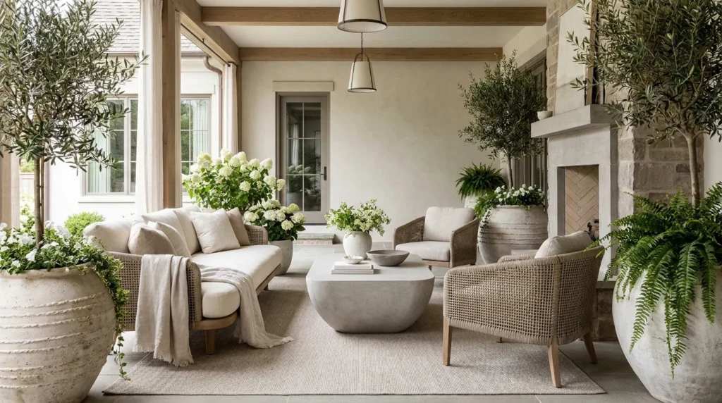 Luxury modern spring porch with elegant seating and statement planters