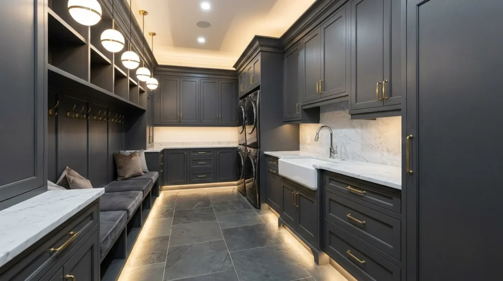 Luxury mudroom laundry combo with marble countertops and elegant cabinetry