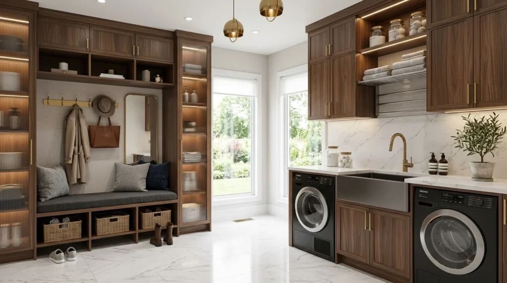 luxury mudroom laundry combo premium cabinets lighting elegant design