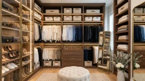 Beautifully organized modern closet with shelves, matching hangers, and storage bins